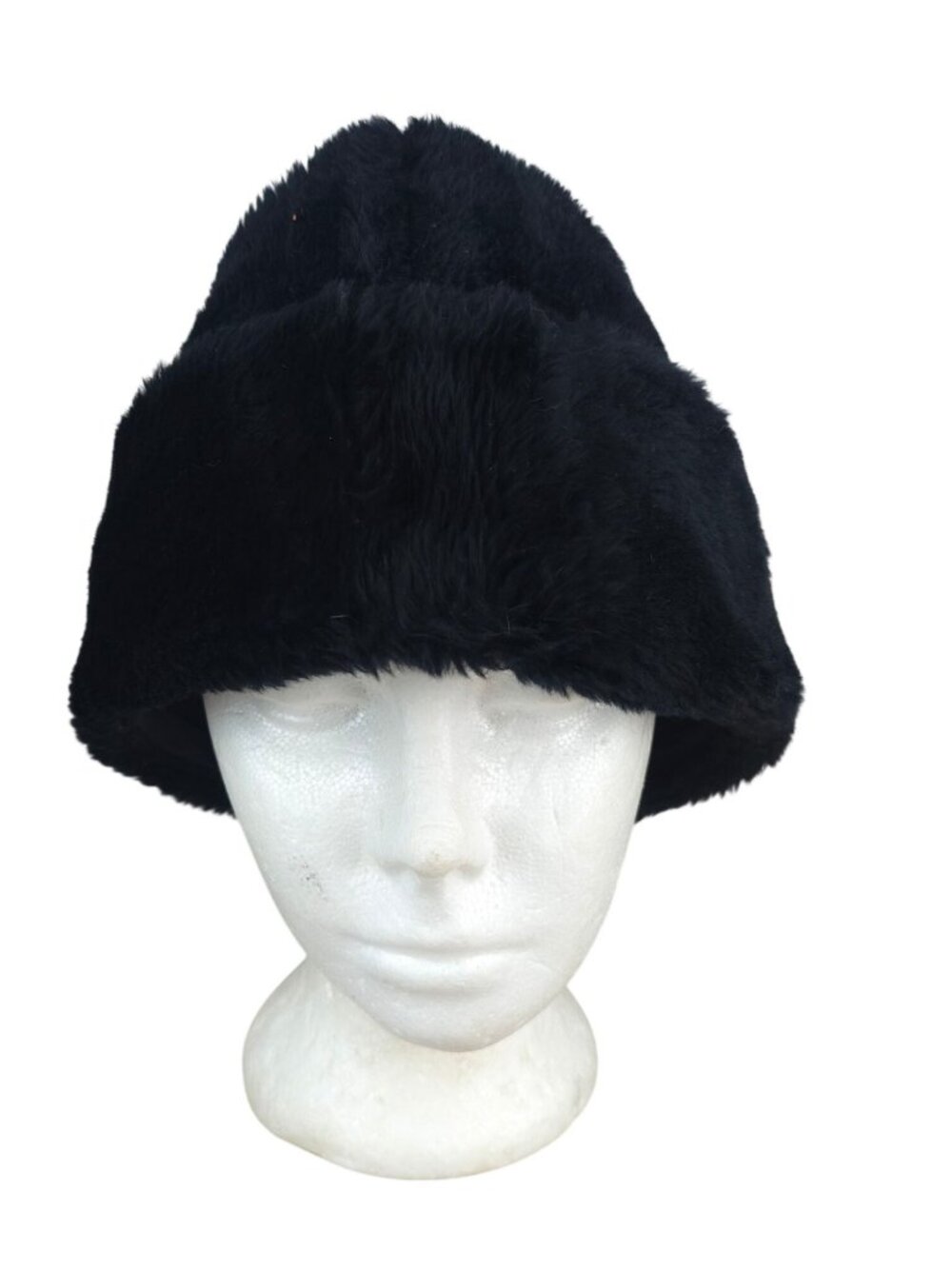 Vintage Black Faux Fur Trapper Hat w/Flaps Large Quilted Lining Insulated